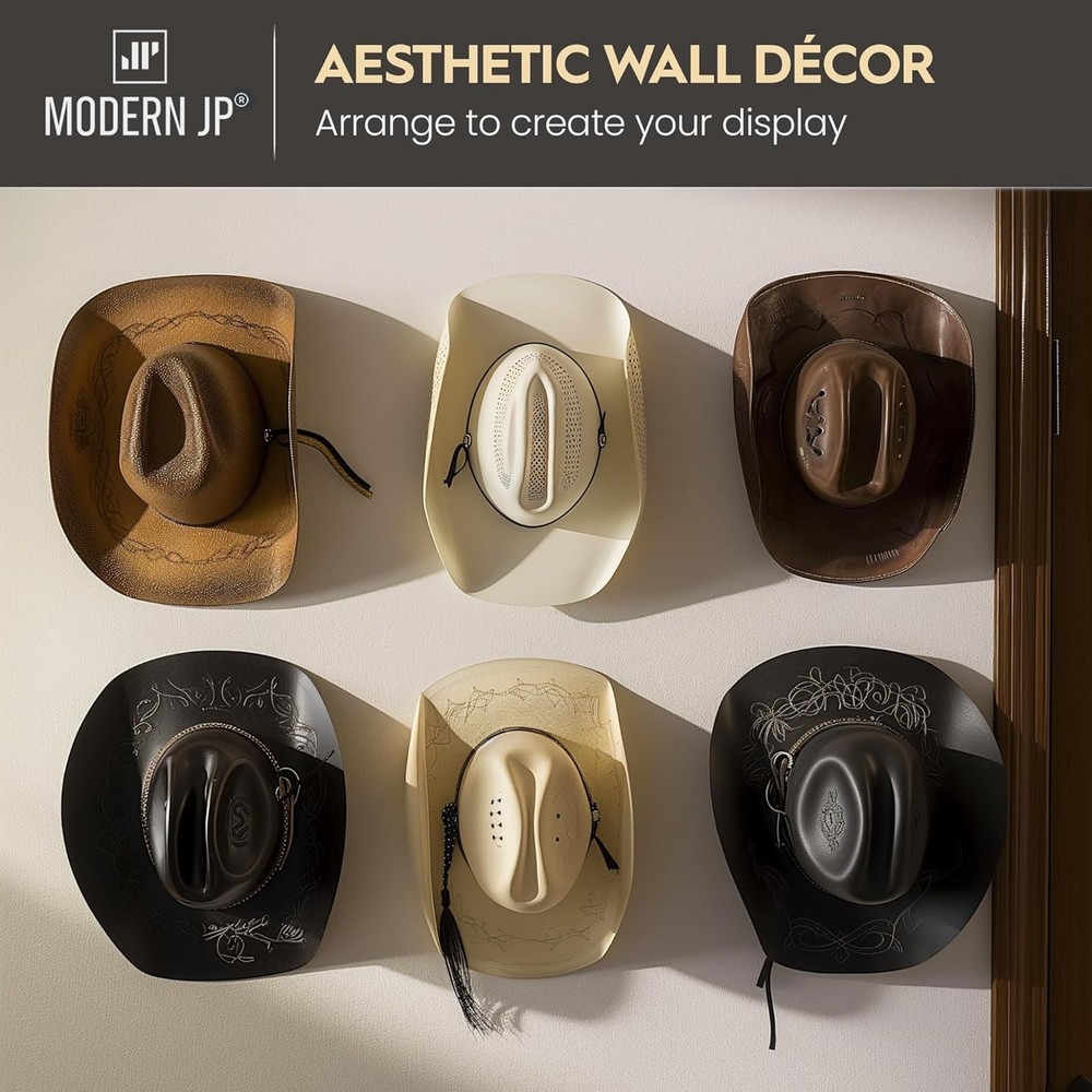 Modern JP Adhesive Hat Hooks for Wall (6-Pack) - Cowboy Rack, Wide White