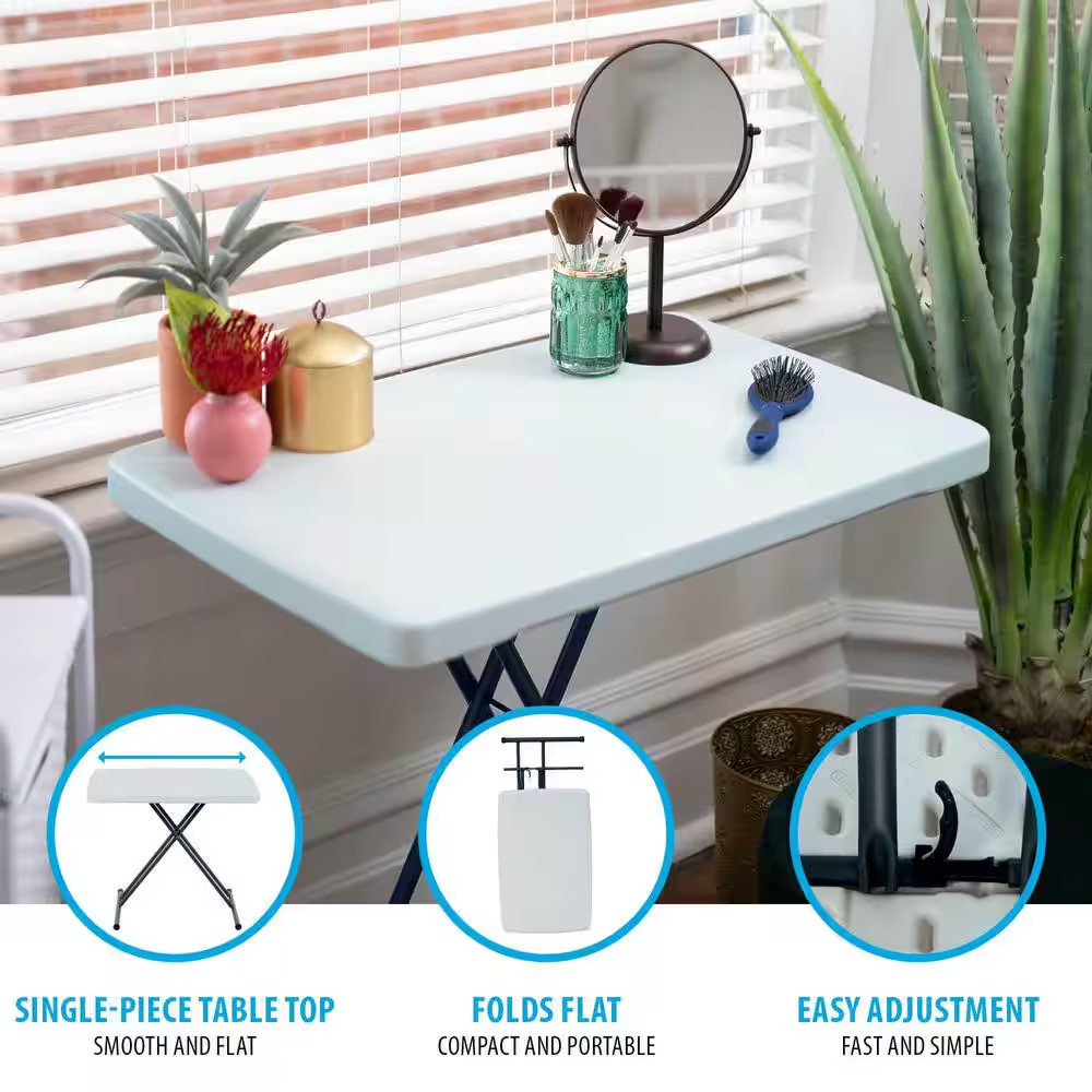 30 In. White Plastic Adjustable Height Folding Utility Table