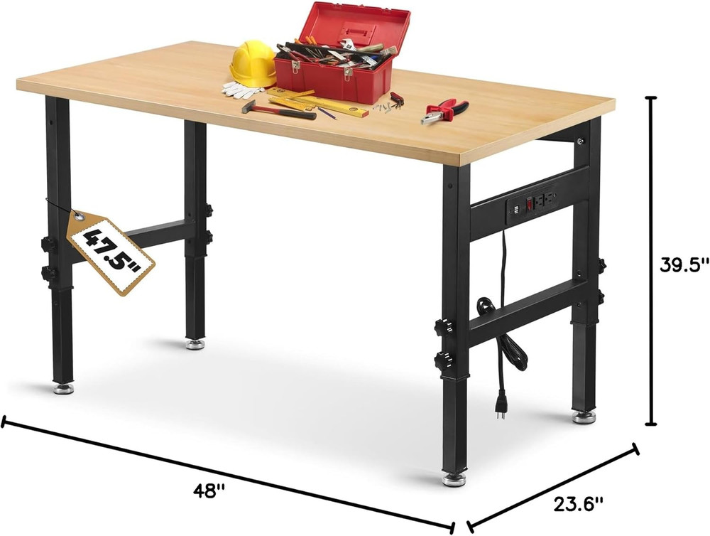 48" Adjustable Work Bench Garage Workbench with Power Outlets, 2200 Lbs Capacity