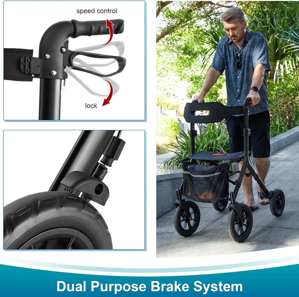 12" Rubber Wheels All-Terrain Rollator Walker w/Seat Backrest Folding Adjustable