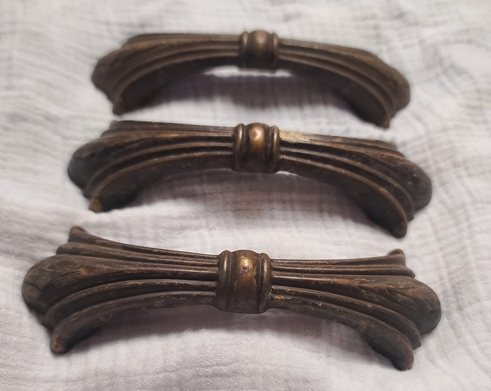 3 Vintage Brass & Steel Drawer Handles Cabinet Pulls