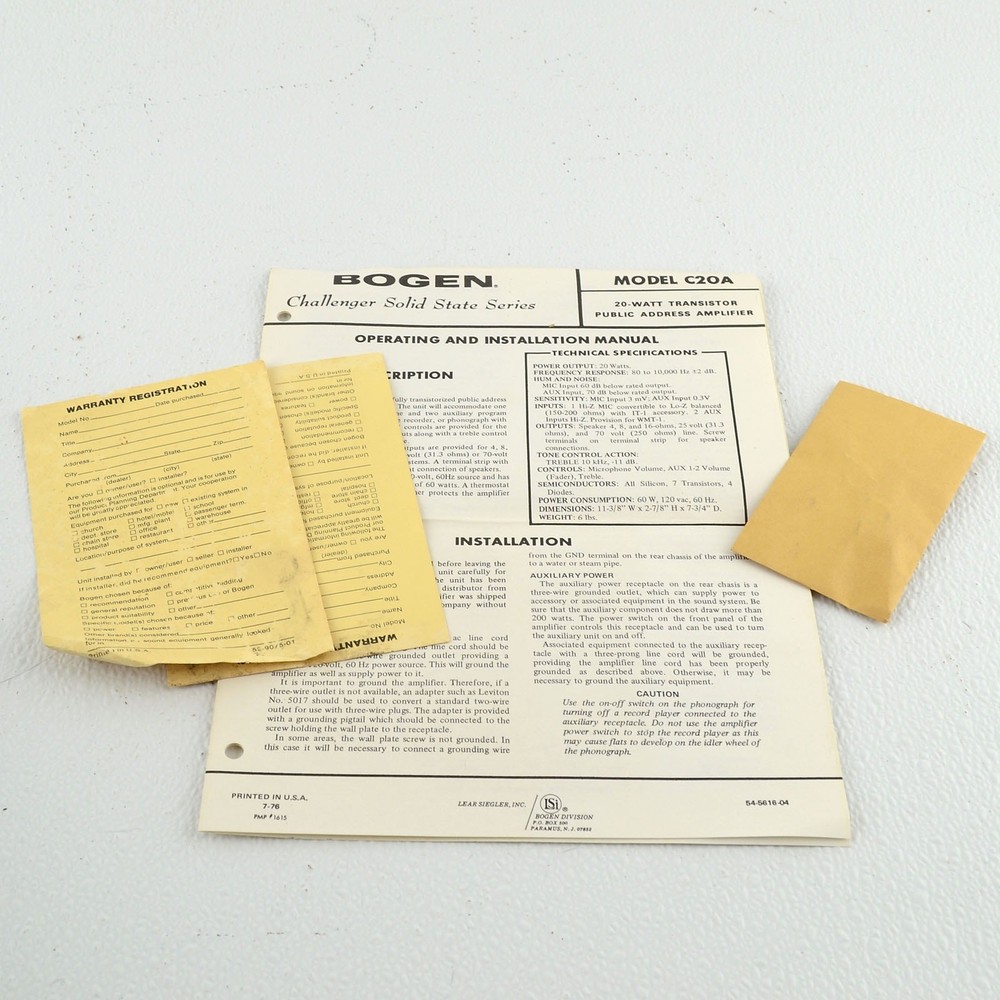 Bogen Challenger C-20A Solid State PA Amplifier 20W Tested w/ Box