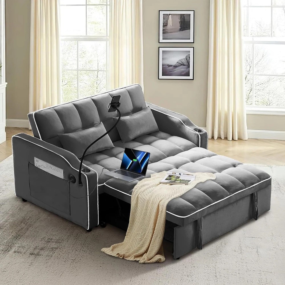 Convertible Sofa Bed Sleeper Couch Pull Out Bed with Cup Holder & USB Interface
