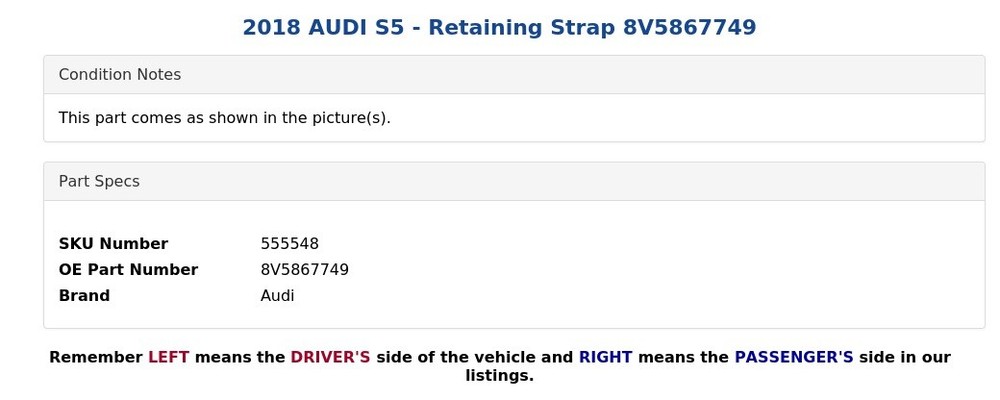 2018 AUDI S5 - Retaining Strap 8V5867749