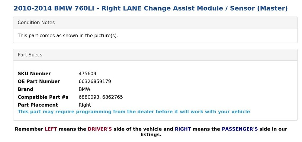 2010-2014 BMW 760LI - Right LANE Change Assist Module / Sensor (Master)