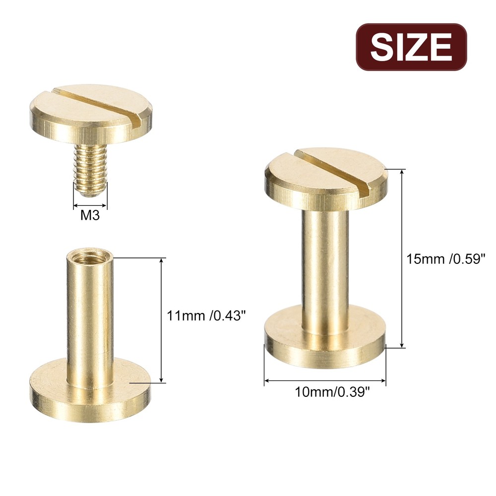 25Pack Brass Chicago Screws, 11x10mm Post Nail Stud Rivets, Brass Tone