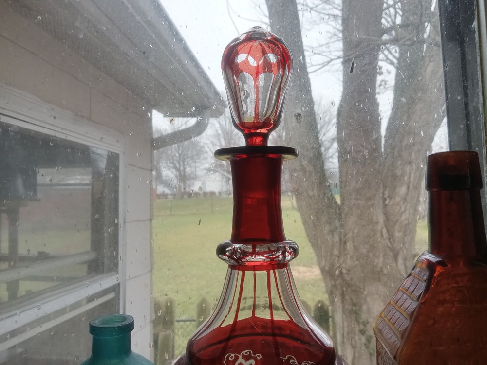 OPEN PONTIL RUBY RED STAINED CUT TO CLEAR WINE BOTTLE ORIGINAL MATCHING STOPPER