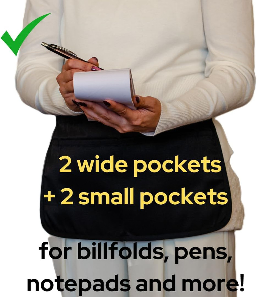 Apron Restaurant Bar Waiter Waitress Server Easy Adjustable Belt 4 Pockets Black