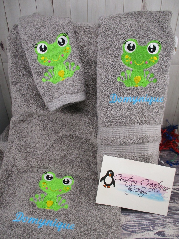 Cute Frog  Personalized  3 Piece Bath Towel Set  Your Color Choice