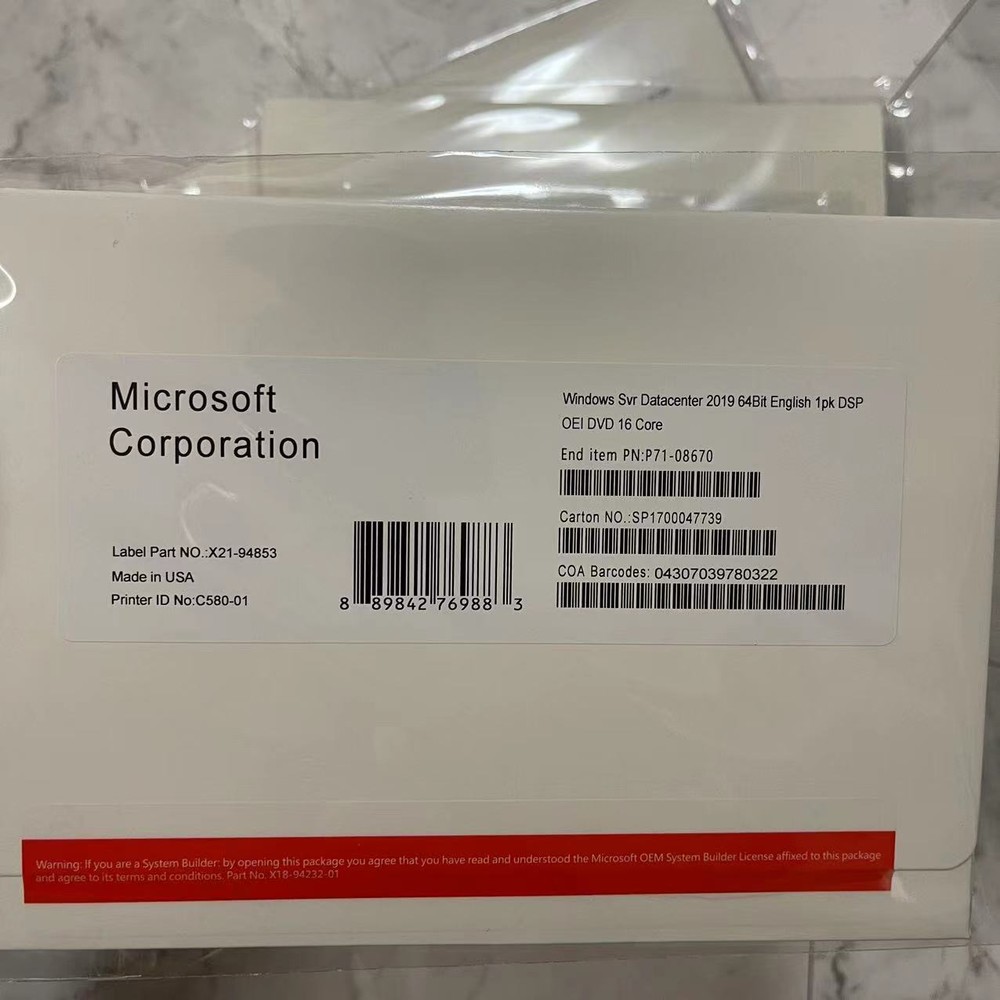 Microsoft Windows server 2019 datacenter 64Bit 16 Core License Key DVD&COA