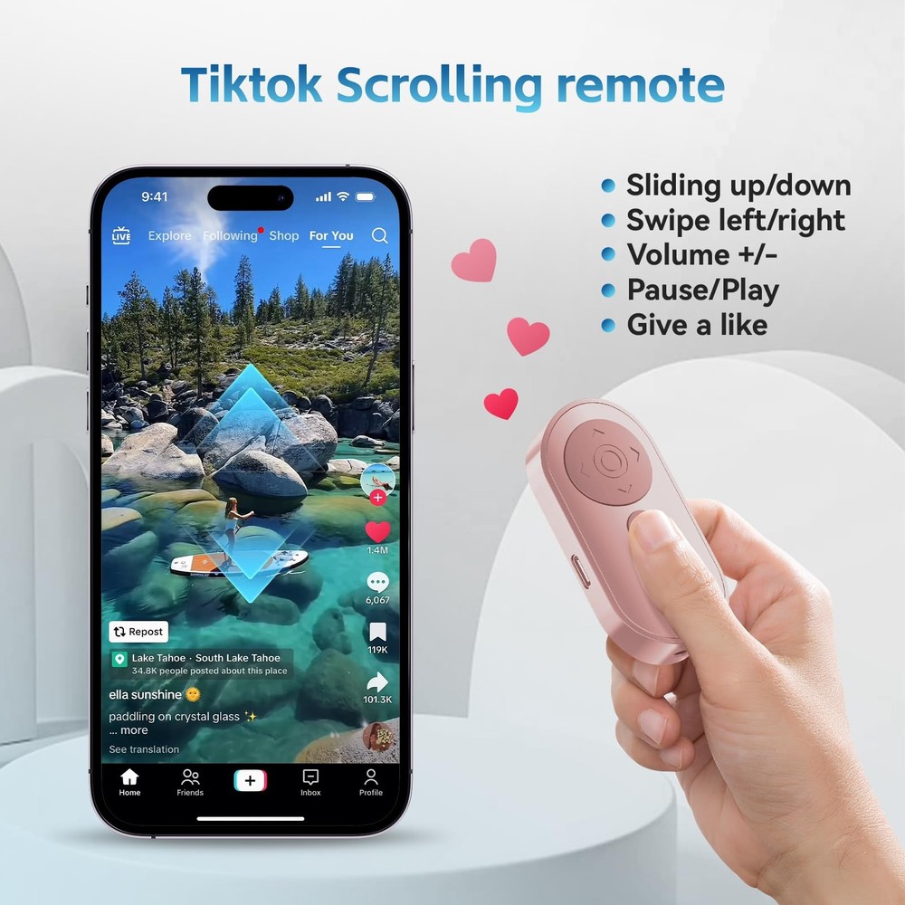 Bluetooth Camera Remote Shutter with Zoom and Front/Rear Switch Pink