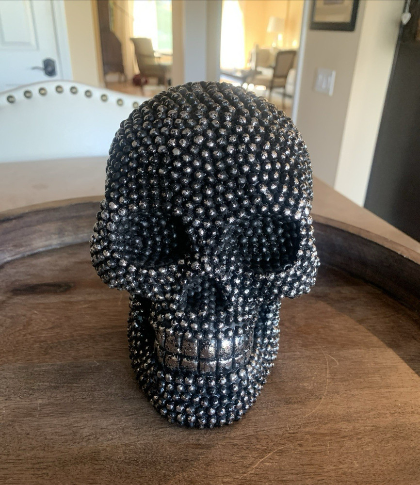 Studded Black Silver Metallic Skeleton Skull Head Sculpture Halloween Decor