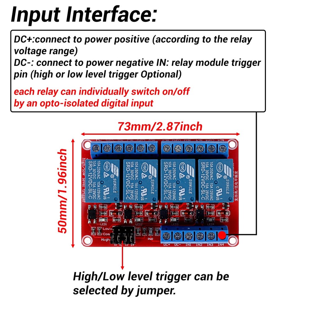 2pcs 4 Channel 12V Relay Module with Optocoupler High or Low Level Trigger Ex