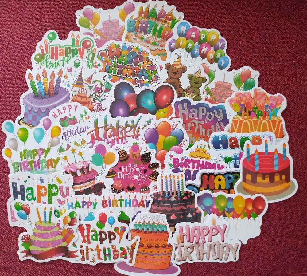 50pc. HAPPY BIRTHDAY WATERPROOF VINYL STICKERS/DECALS