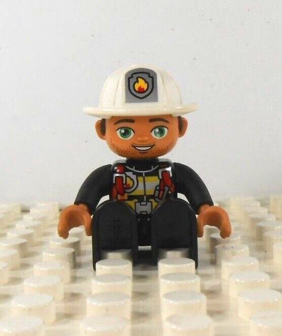 Lego Duplo Figure Fireman white hat (fire on hat) black uniform