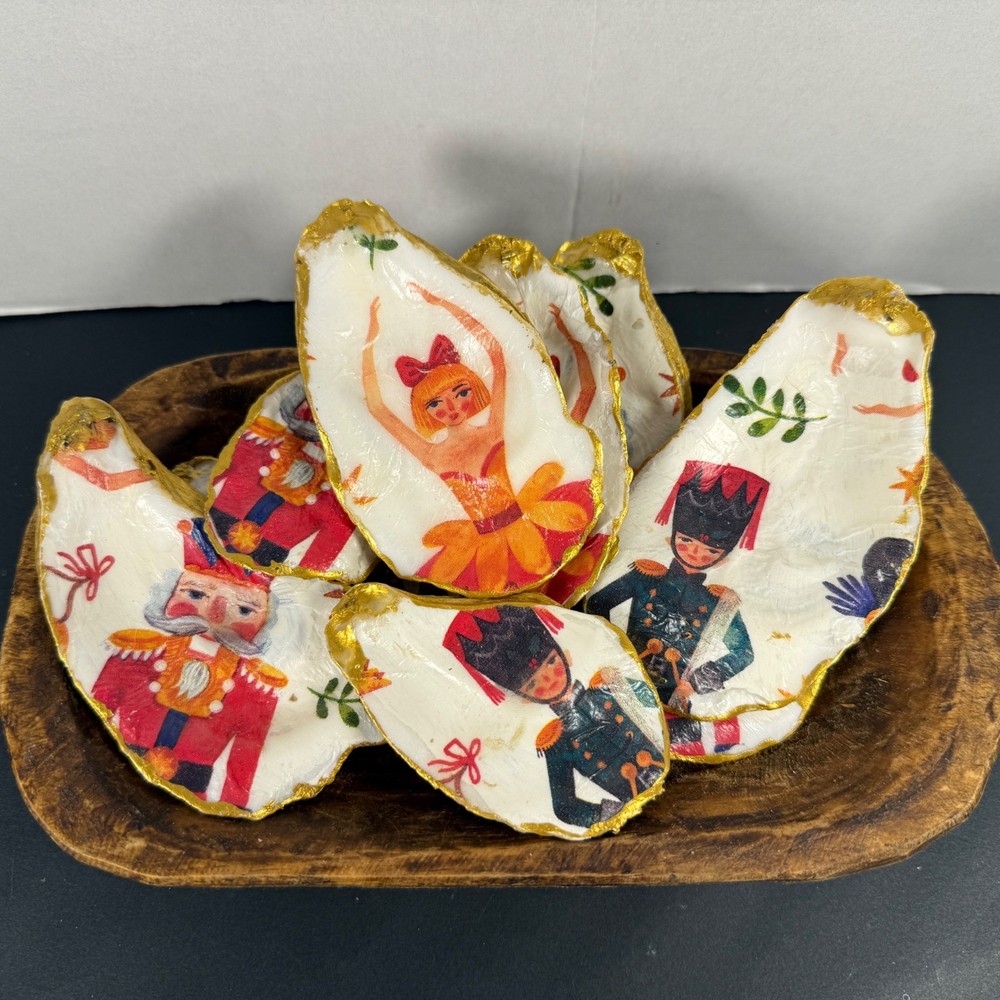9pc Nutcracker Decoupage Oyster Shells Gilded Gold Edge Holiday Decor Set