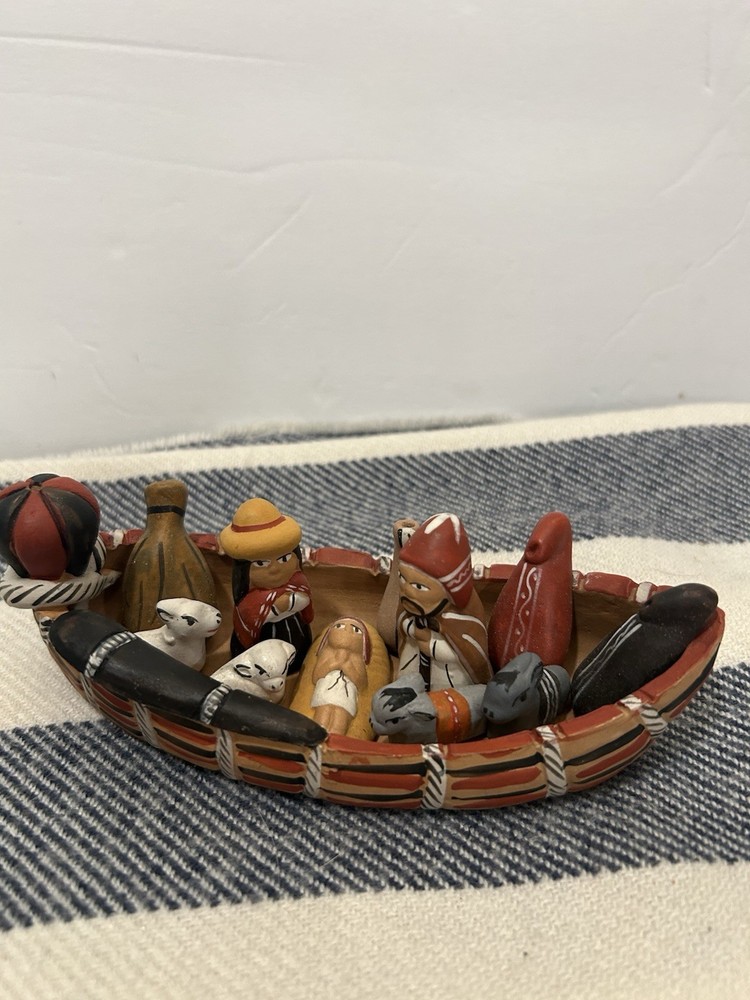 Peruvian Clay Art Nativity In A Boat 6”