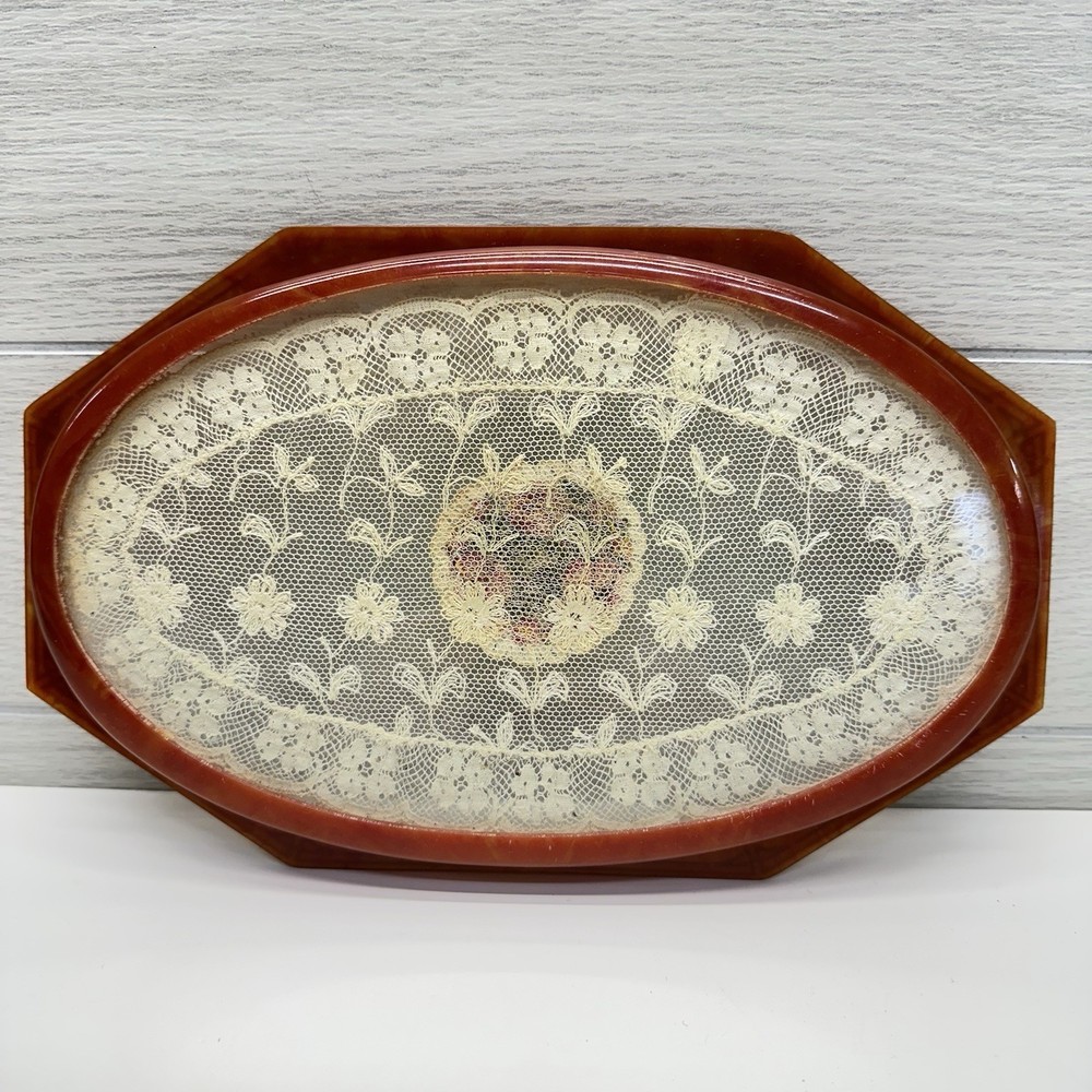 Vintage Art Deco Celluloid Vanity Tray with Lace Insert