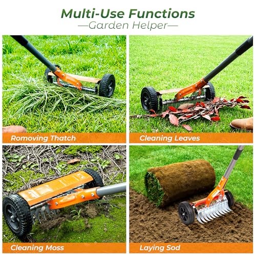 Dethatching Roller Rake with 76.8'' Adjustable Handle, 2mm Stainless Steel