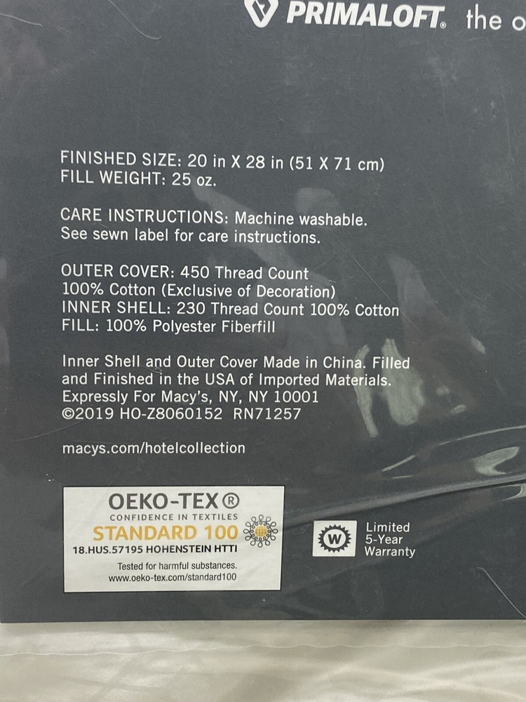 Hotel Collection Primaloft 450TC Luxury Down Alternative Medium Pillow Standard