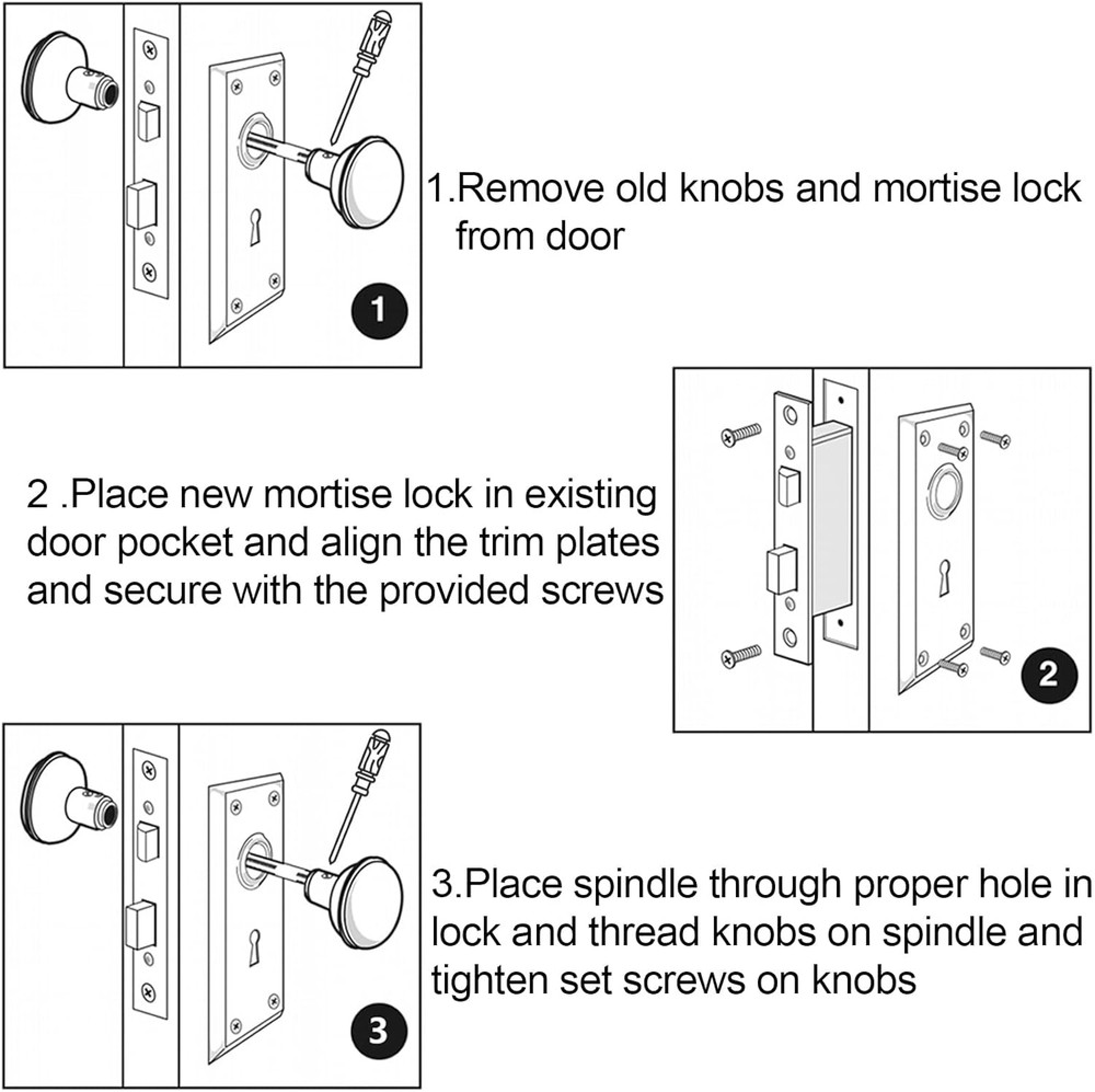 Vintage Mortise Lock Set with Skeleton Key - Black Knobs, 4 Pack