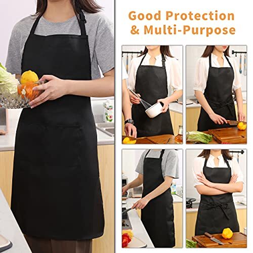 Pack Adjustable Bib Apron Waterdrop Resistant Apron with 4 Polyester-black