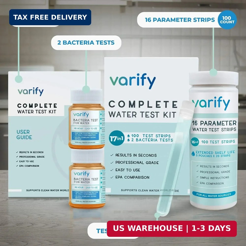 Varify 17in1 Complete Drinking Water Test Kit - 100 Strips + 2 Bacteria Tester K