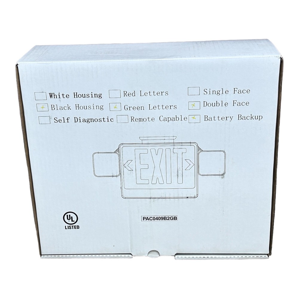 Emergency Lighting Commercial 2 Light Black Double Face Green Exit Sign PAC0409B