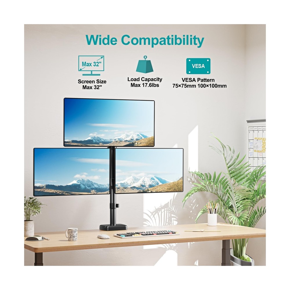 MOUNT PRO Triple Monitor Mount for Max 32" Computer Screen, Adjustable 3 Moni...