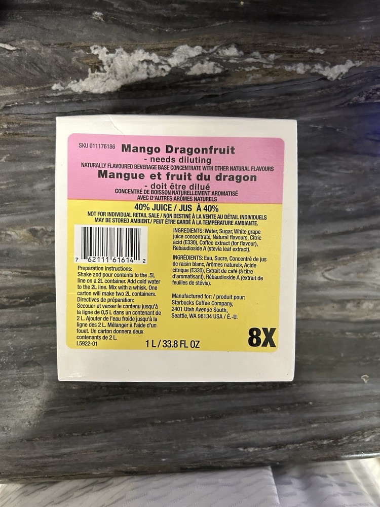 Original Starbucks Mango Dragonfruit Beverage Base Concentrate 1L