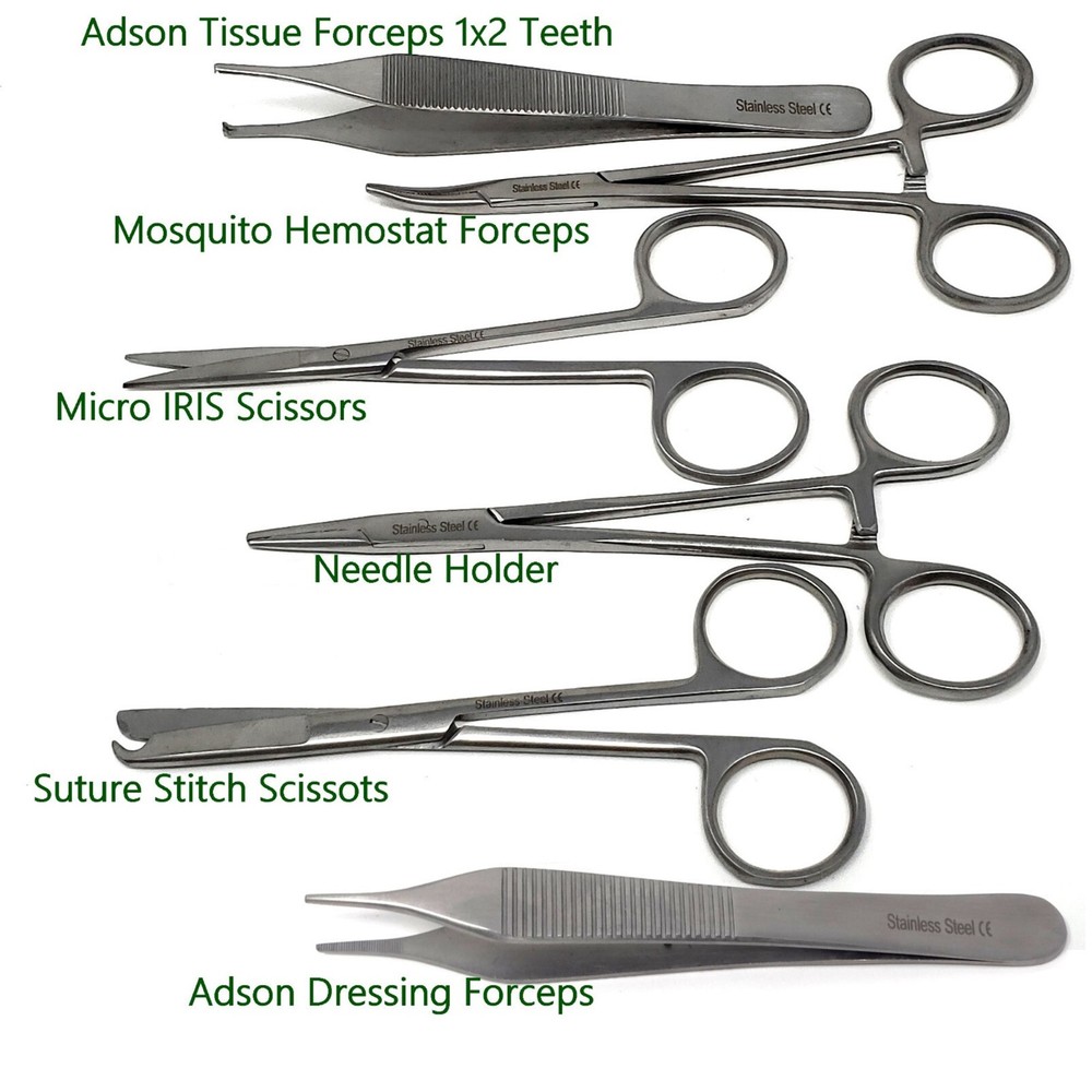 6 PC SUTURE SCISSORS FORCEPS HEMOSTATS NEEDLE HOLDERS LACERATION KIT