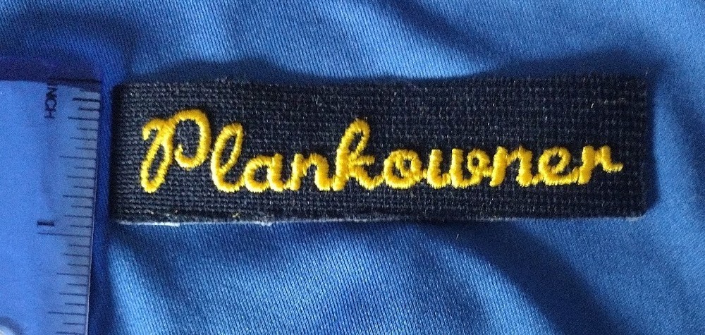 US Navy Plankowner Patch Tab With Iron On Backing Navy Blue & Yellow Gold Text