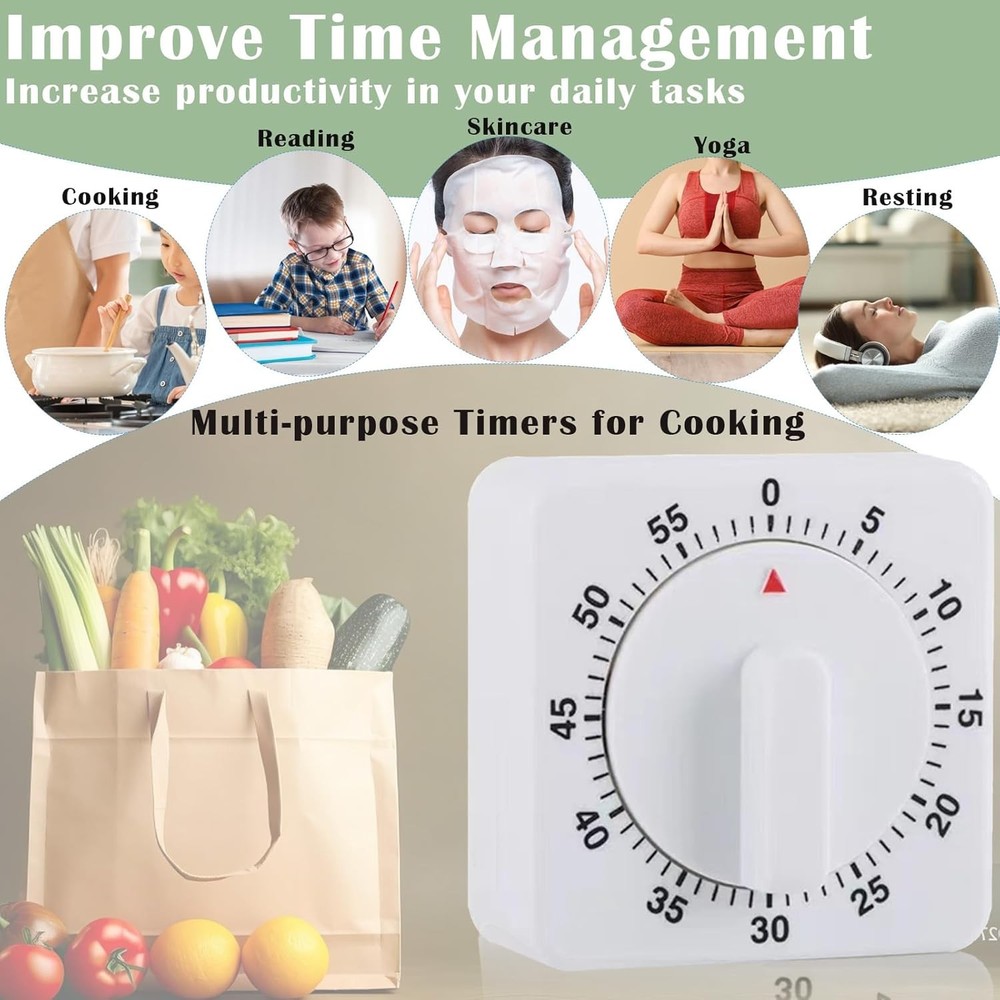 1/2x Square 60 Minute Mechanical Kitchen Timer Easy to Use Visual Cooking Timer