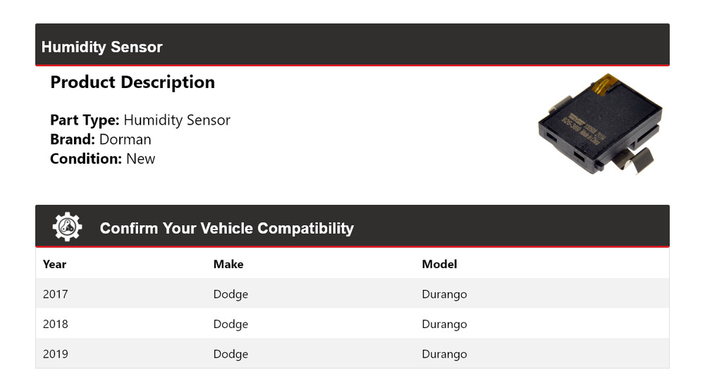 For 2017-2019 Dodge Durango Dorman Humidity Sensor 2018
