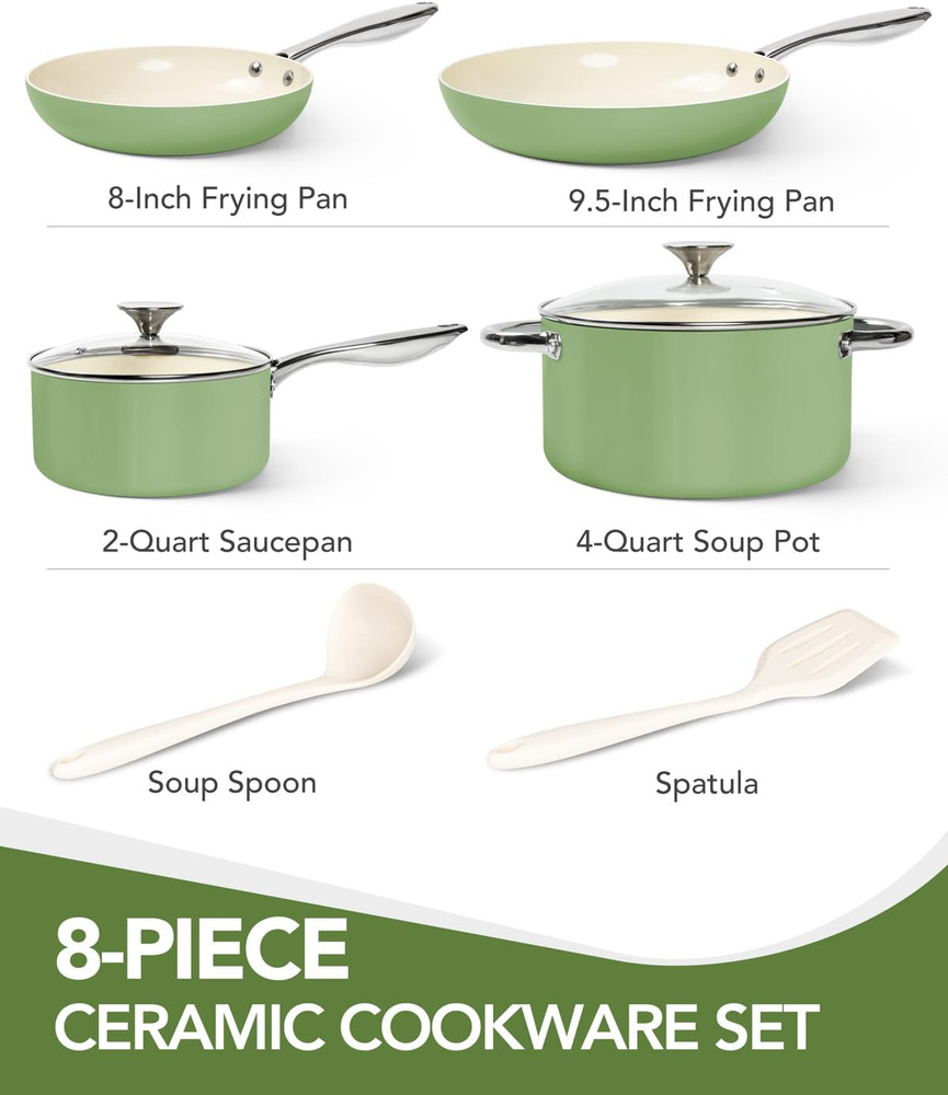 Non-Stick Titanium Cookware Set - 8-Pcs Ceramic Cookware Green