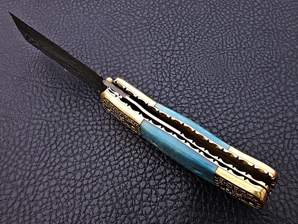 CUSTOM HAND CRAFTED ENGRAVED POCKET FOLDINGKNIFE SALE- BRASS COLORED BONE HANDLE