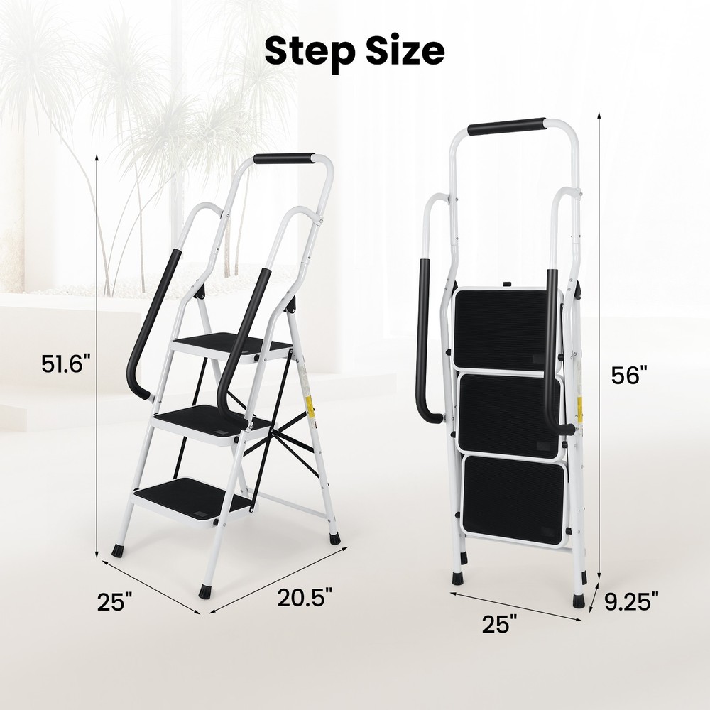 3 Step Ladder with Hankdrails, Portable Folding Step Stool with Safety Lock