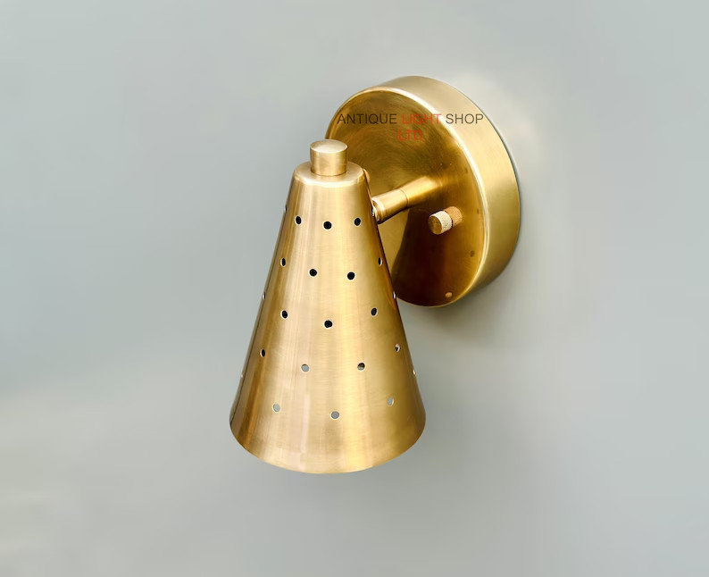 Mid Century Modern Brass Wall Sconce: Adjustable Perforated Cone Shade