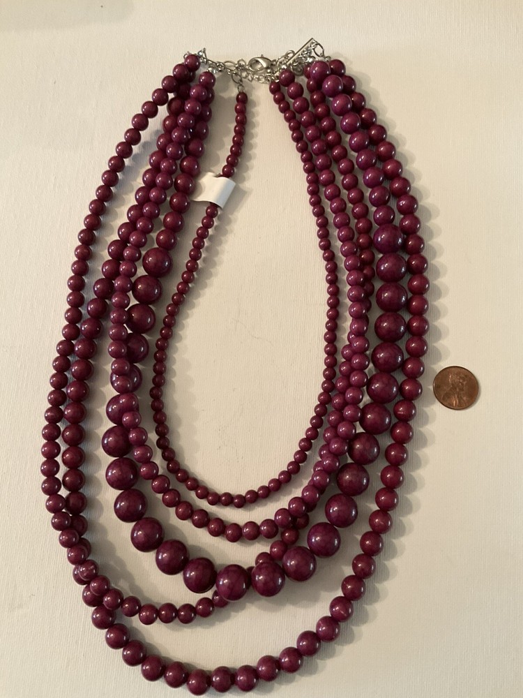 Multistrand purple beaded necklace, plastic five strand statement