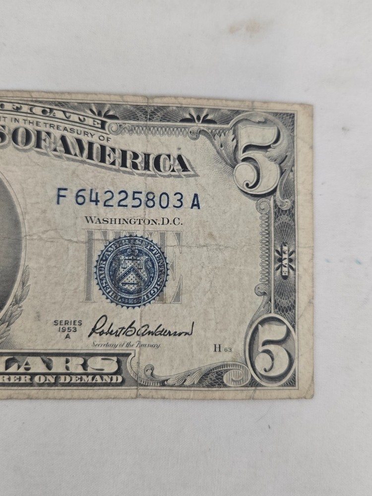 1953A Five Dollar Note, Blue Seal Silver Certificate, Circulated, US $5 Bill