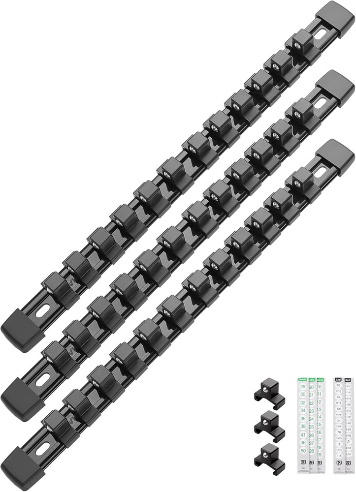 3PC ABS Socket Organizer, Socket Rails Fit 1/2 Inch Drive, Heavy Duty Socket Hol
