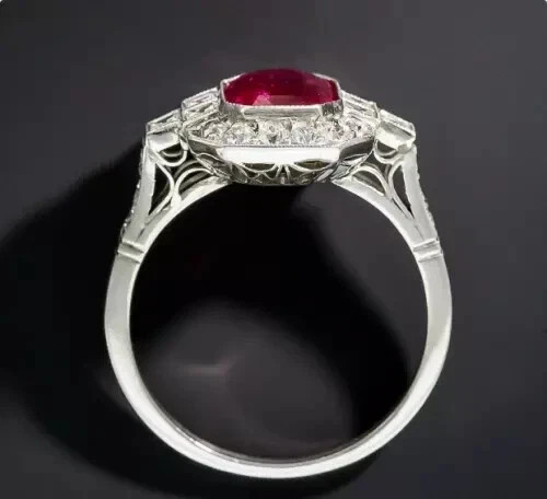 14K White Gold FN Art Deco Style Ruby Lab Created Diamond Anniversary Gift Ring