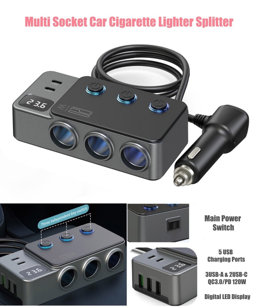 8in1 Multi Socket Car Cigarette Lighter Splitter QC3.0 PD USB/C Charger Adapter