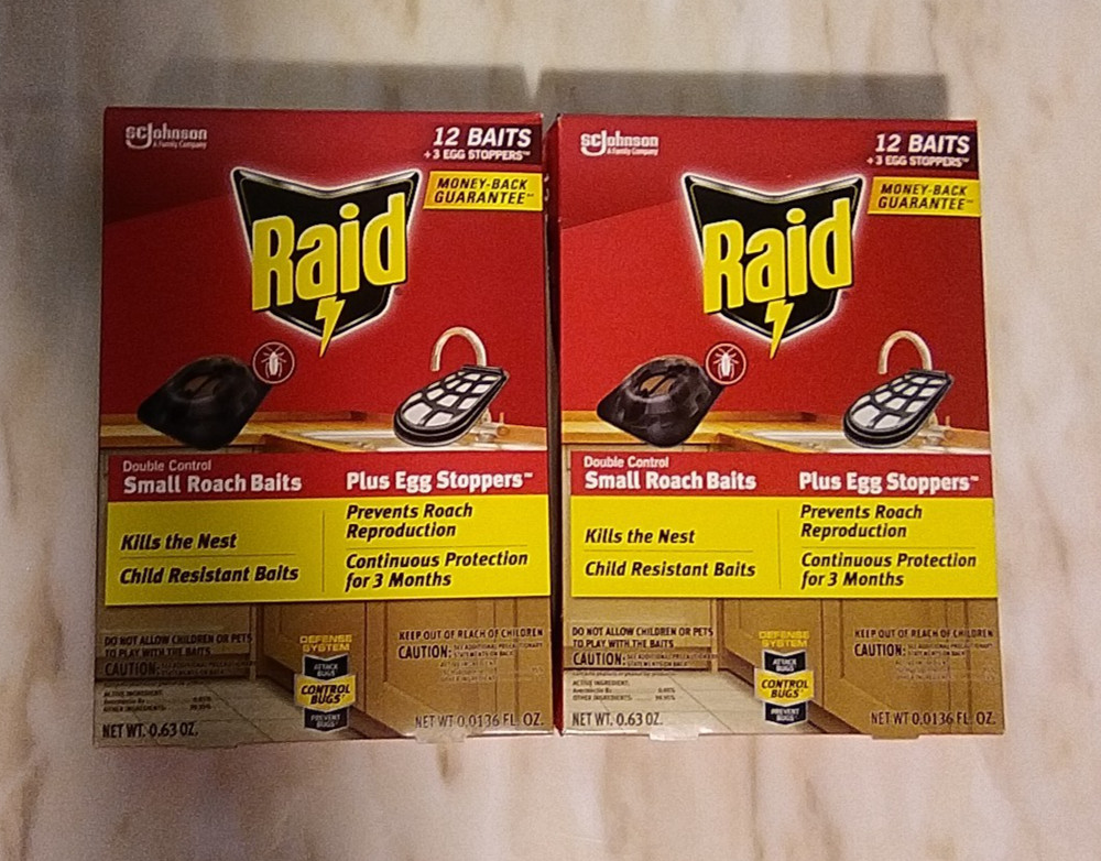 2X Raid 12 Double Control Small Roach Baits Plus 3 Egg Stoppers Per Box