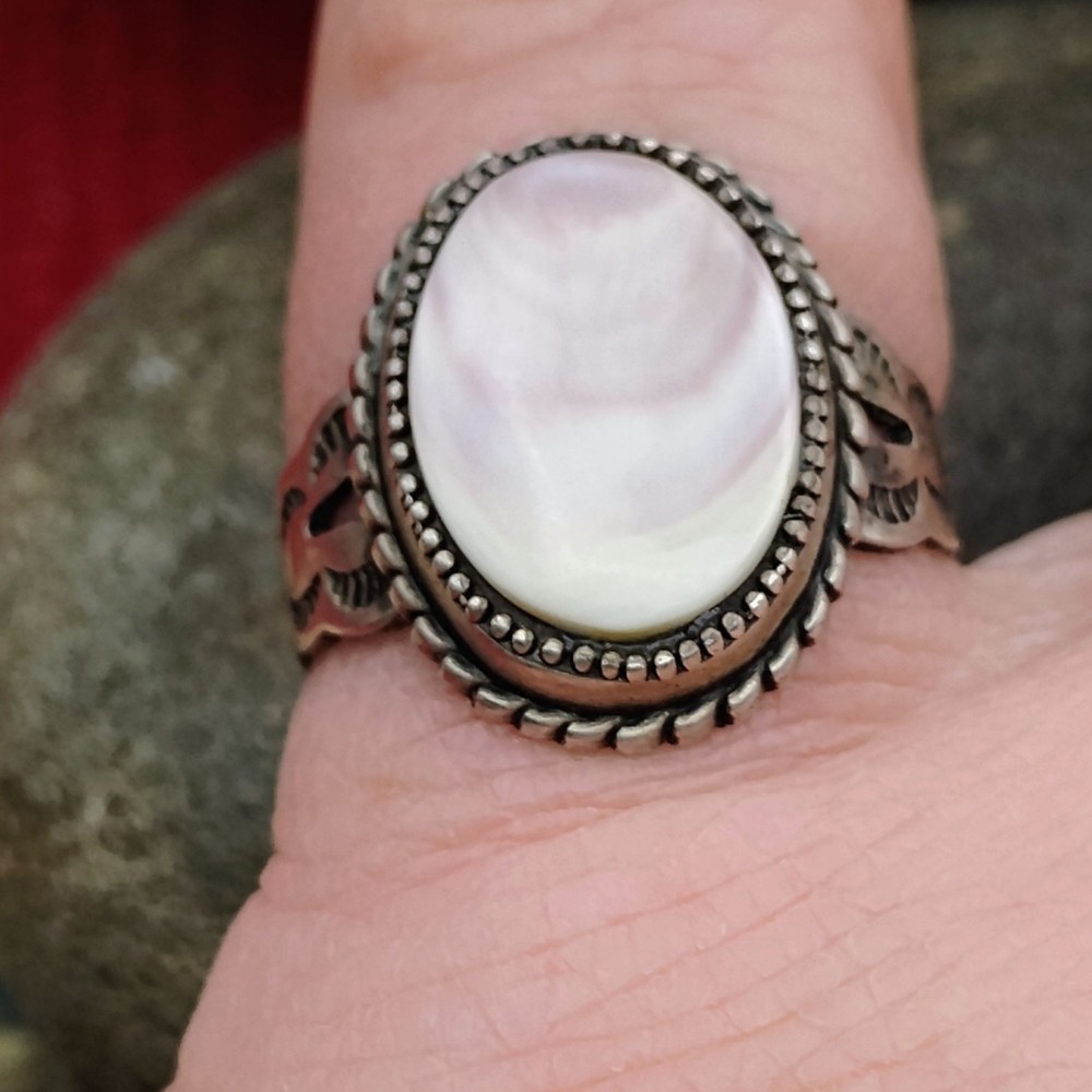 Native Signed AB Sterling Lace Agate Ring Size 6 3/4 or 7