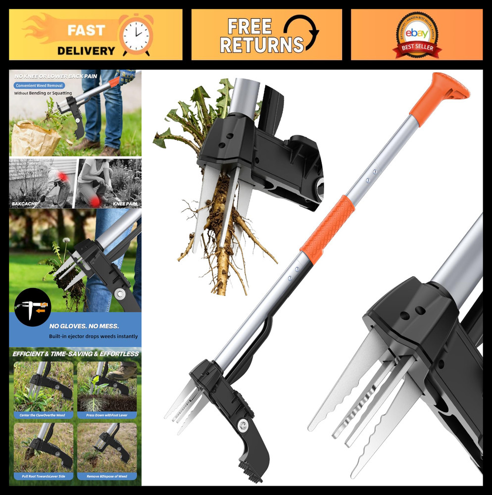 Heavy Duty Stand Up Weed Puller Tool - Long Handle Weeder with 4 Claws, Root Rem