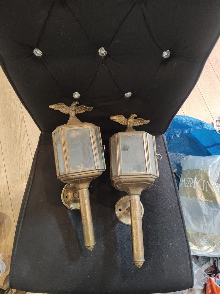 Vintage eagle carriage lantern wall lights made from brass & Glass X2