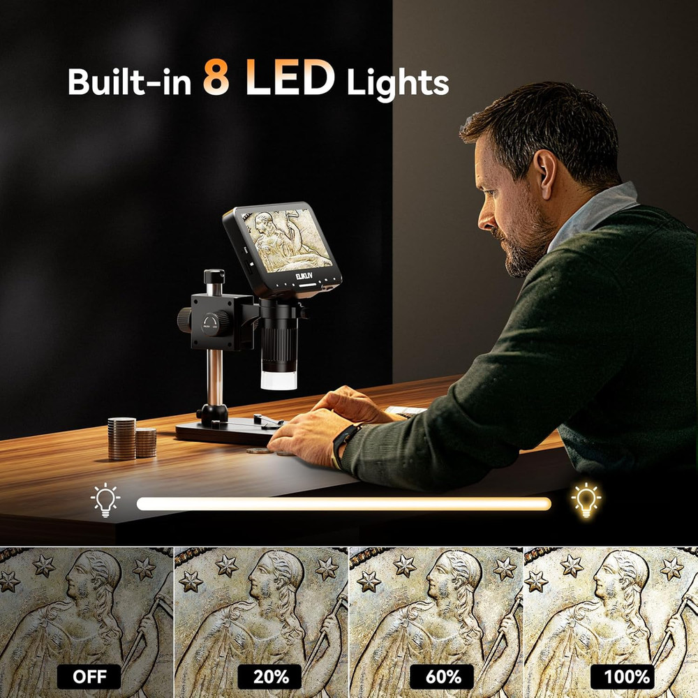 Coin Microscope for Adults: 4.3'' LCD Digital Microscope 1000X with 8 Adjustable