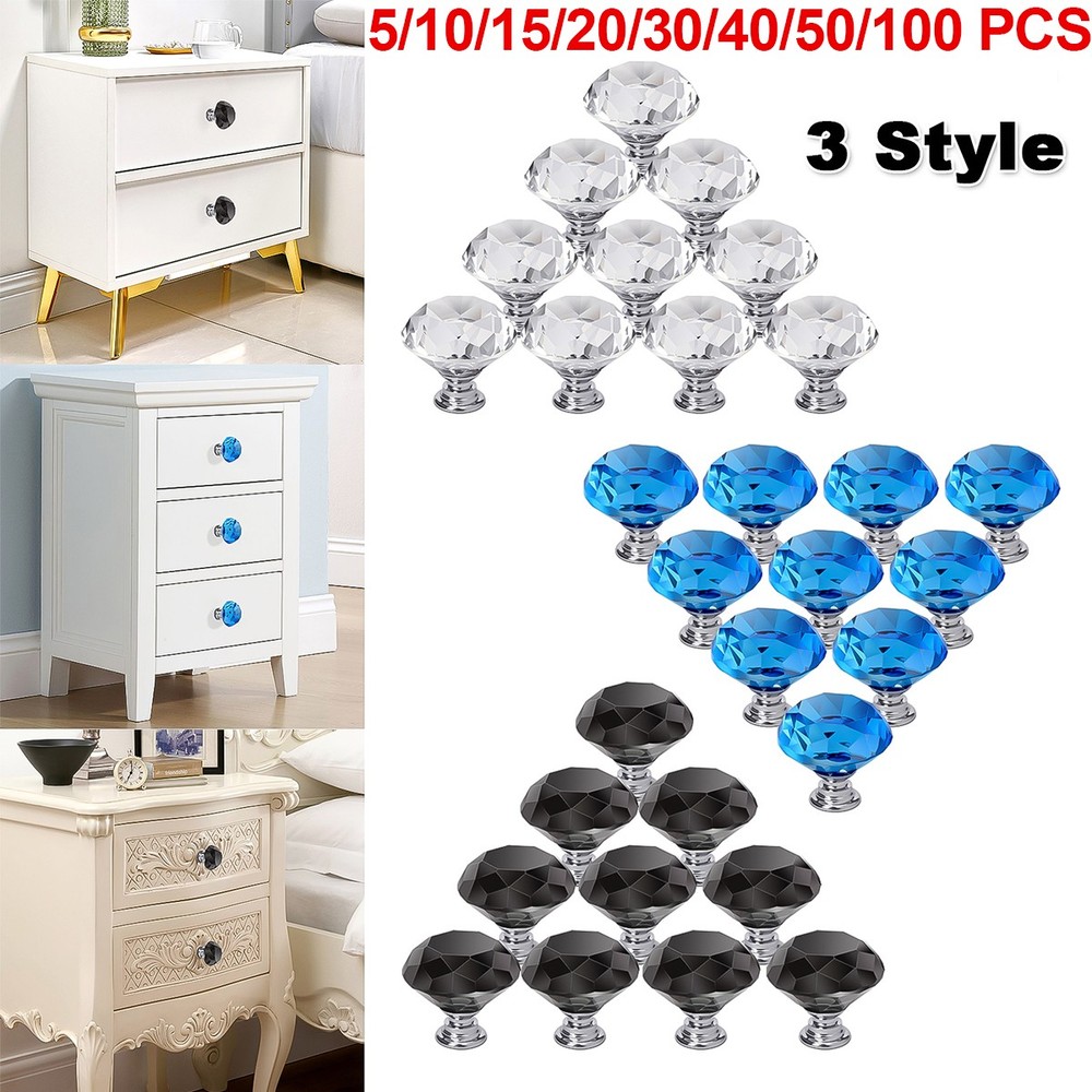 5-100pcs Crystal Glass Knobs Diamond Drawer Pulls Kitchen Bathroom Cabinet