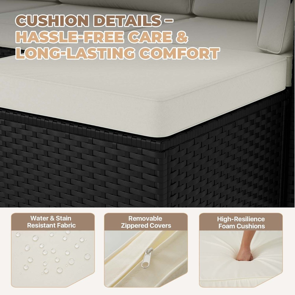 3-Piece Black Rattan Conversation Set Sofa Ottoman Table Cream White